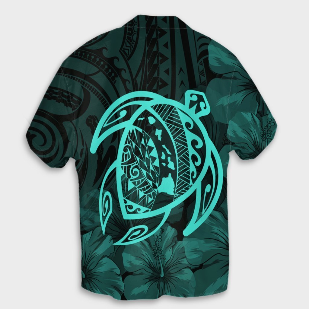 Hawaiian Map Turtle Kanaka Hibiscus Polynesian Hawaiian Shirt - Turquoise - AH