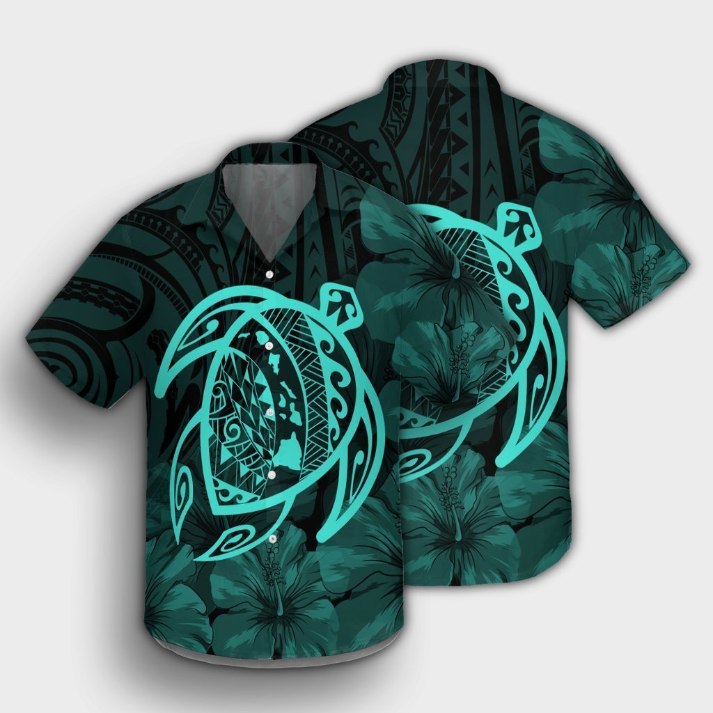 Hawaiian Map Turtle Kanaka Hibiscus Polynesian Hawaiian Shirt - Turquoise - AH