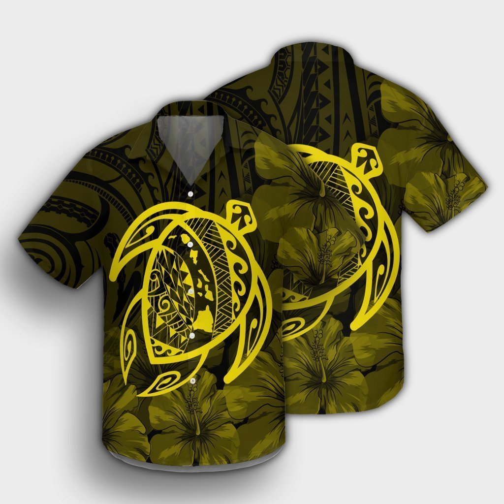 Hawaiian Map Turtle Kanaka Hibiscus Polynesian Hawaiian Shirt - Yellow - AH