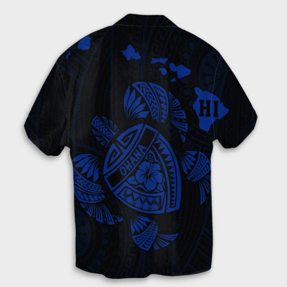 Hawaiian Map Turtle Ohana Hibicus Polynesian Hawaiian Shirt - Blue - AH