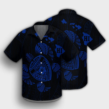 Hawaiian Map Turtle Ohana Hibicus Polynesian Hawaiian Shirt - Blue - AH