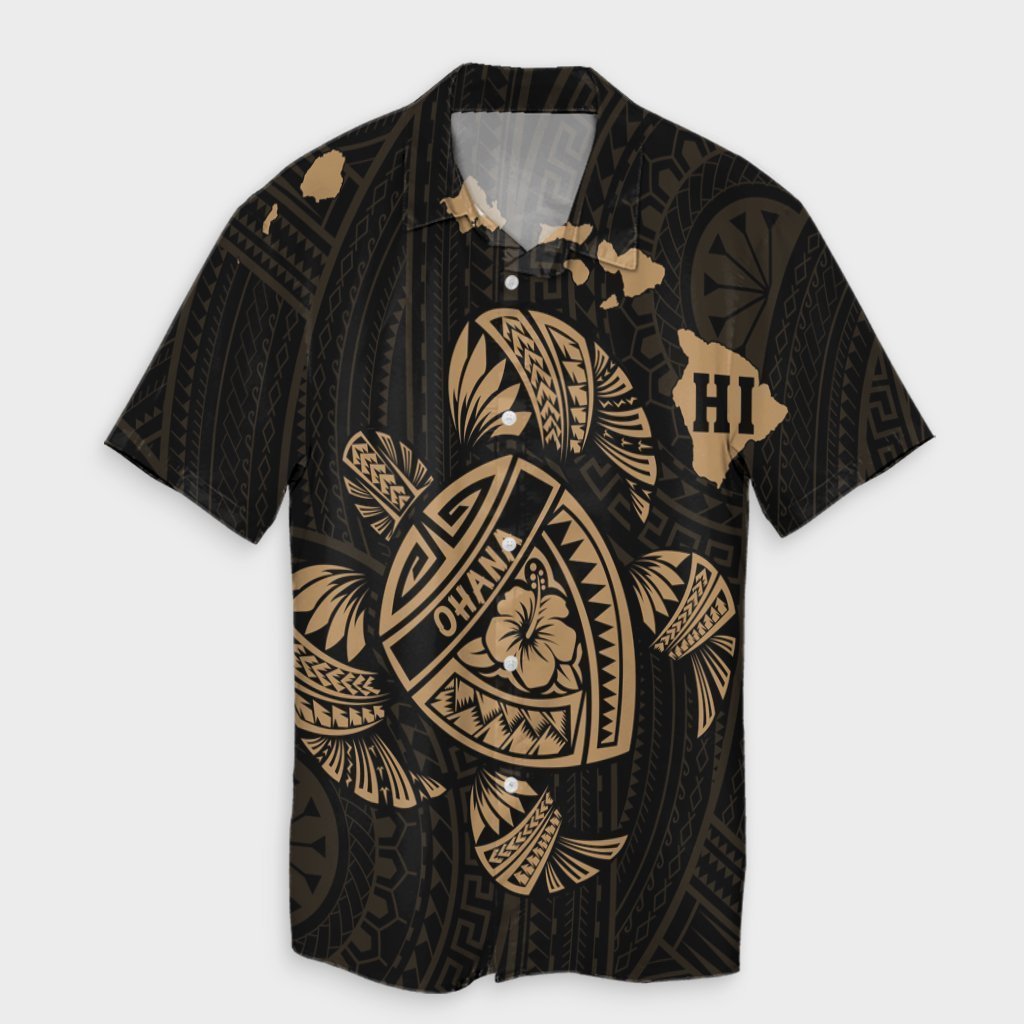 Hawaiian Map Turtle Ohana Hibicus Polynesian Hawaiian Shirt - Gold - AH