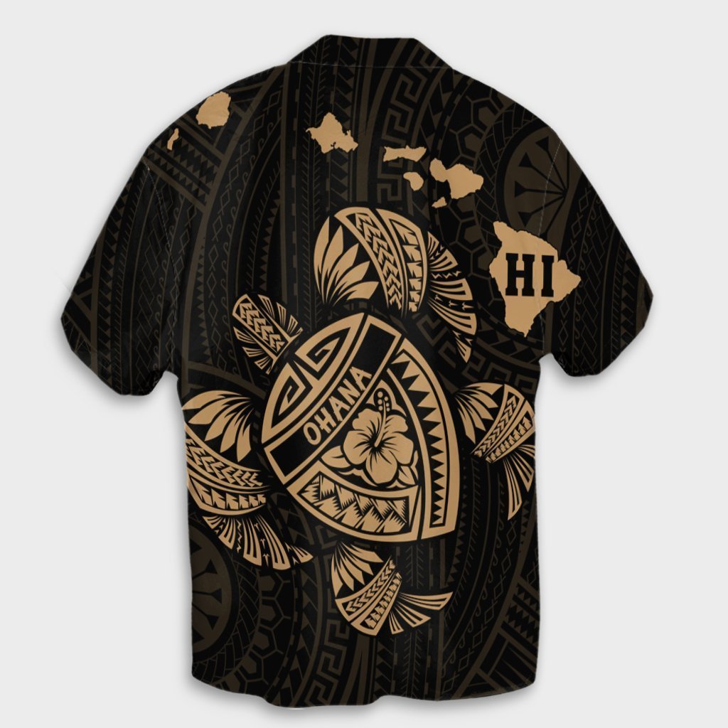 Hawaiian Map Turtle Ohana Hibicus Polynesian Hawaiian Shirt - Gold - AH