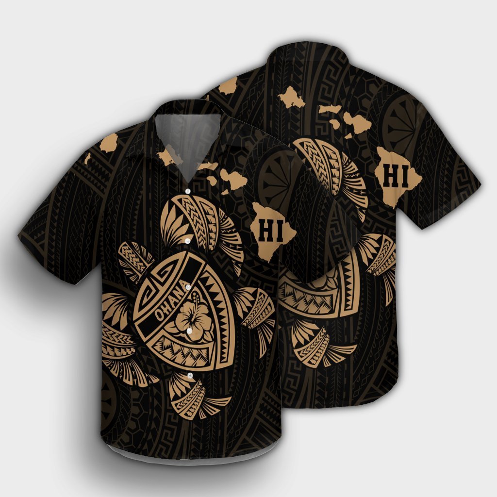 Hawaiian Map Turtle Ohana Hibicus Polynesian Hawaiian Shirt - Gold - AH