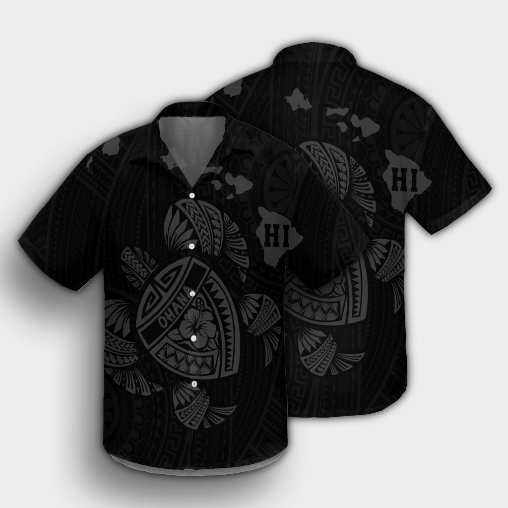 Hawaiian Map Turtle Ohana Hibicus Polynesian Hawaiian Shirt - Gray - AH