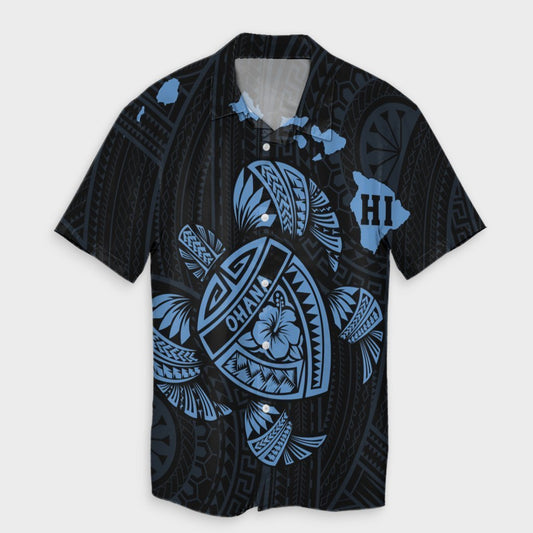 Hawaiian Map Turtle Ohana Hibicus Polynesian Hawaiian Shirt - Pastel Blue - AH