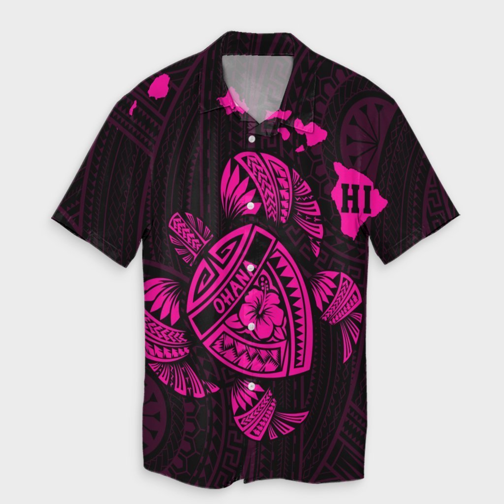 Hawaiian Map Turtle Ohana Hibicus Polynesian Hawaiian Shirt - Pink - AH