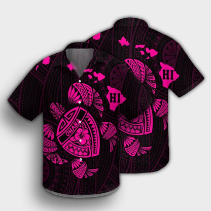 Hawaiian Map Turtle Ohana Hibicus Polynesian Hawaiian Shirt - Pink - AH