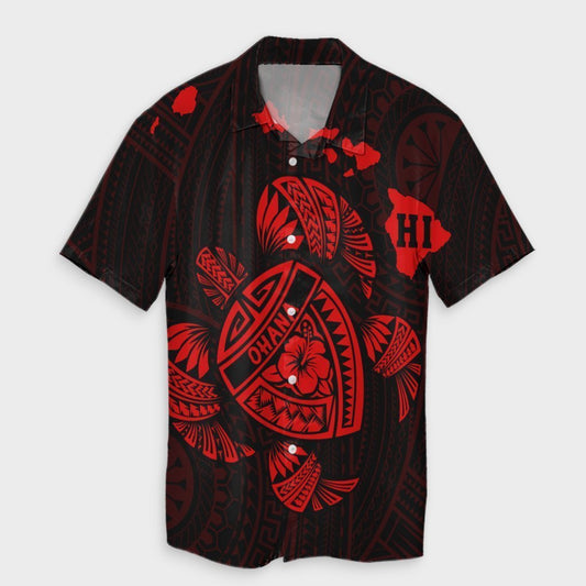 Hawaiian Map Turtle Ohana Hibicus Polynesian Hawaiian Shirt - Red - AH