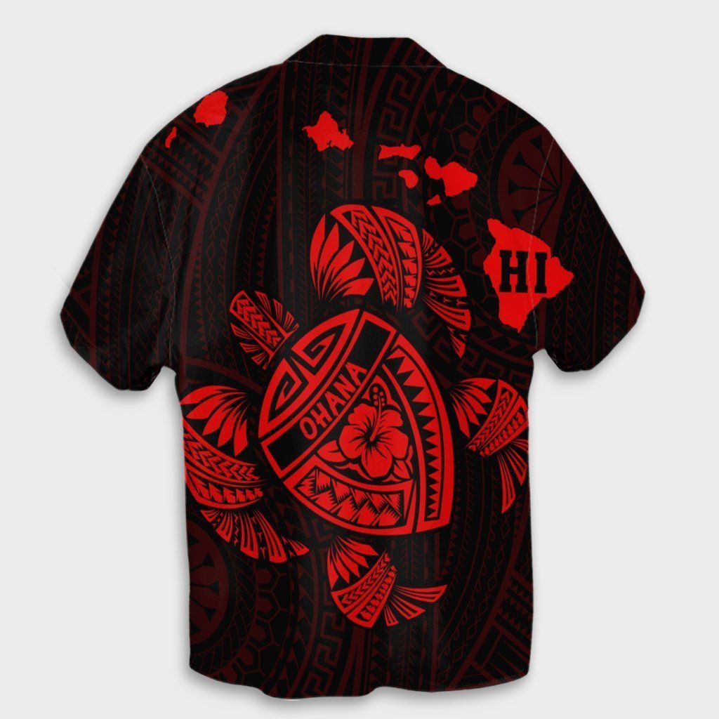 Hawaiian Map Turtle Ohana Hibicus Polynesian Hawaiian Shirt - Red - AH