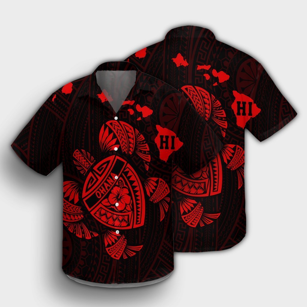 Hawaiian Map Turtle Ohana Hibicus Polynesian Hawaiian Shirt - Red - AH