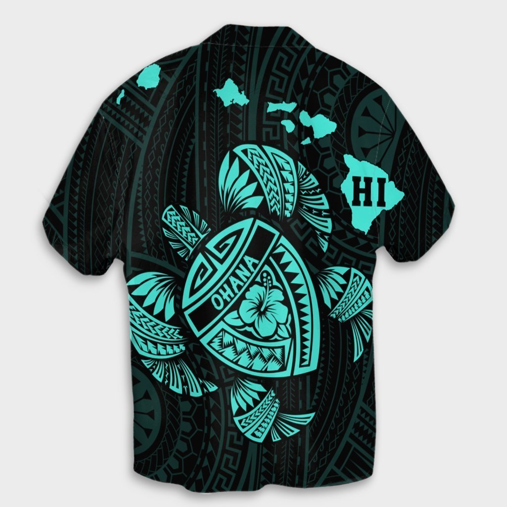 Hawaiian Map Turtle Ohana Hibicus Polynesian Hawaiian Shirt - Turquoise - AH