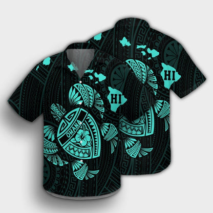 Hawaiian Map Turtle Ohana Hibicus Polynesian Hawaiian Shirt - Turquoise - AH