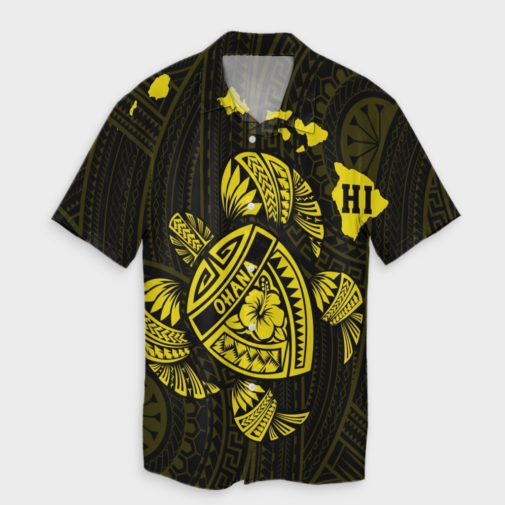 Hawaiian Map Turtle Ohana Hibicus Polynesian Hawaiian Shirt - Yellow - AH