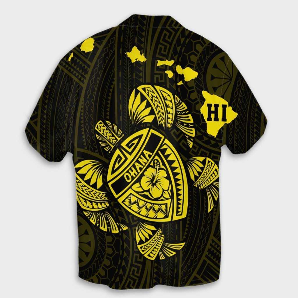 Hawaiian Map Turtle Ohana Hibicus Polynesian Hawaiian Shirt - Yellow - AH