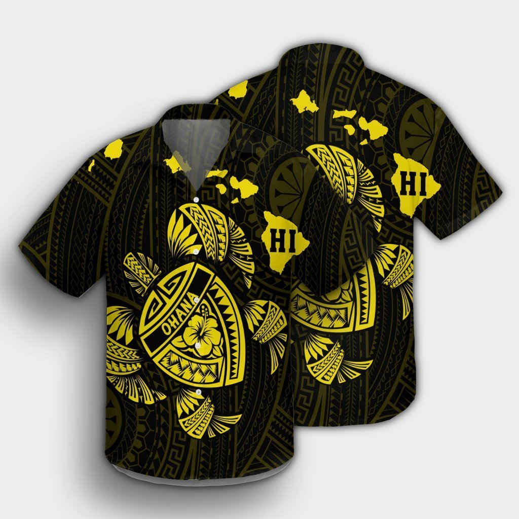 Hawaiian Map Turtle Ohana Hibicus Polynesian Hawaiian Shirt - Yellow - AH