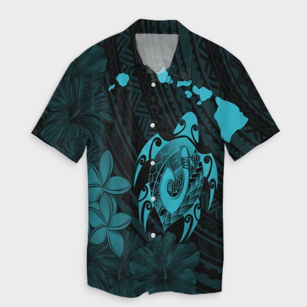 Hawaiian Map Turtle Plumeria Hibiscus Fish Hook Polynesian Hawaiian Shirt Blue- AH