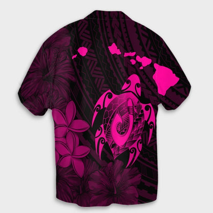 Hawaiian Map Turtle Plumeria Hibiscus Fish Hook Polynesian Hawaiian Shirt Pink - AH