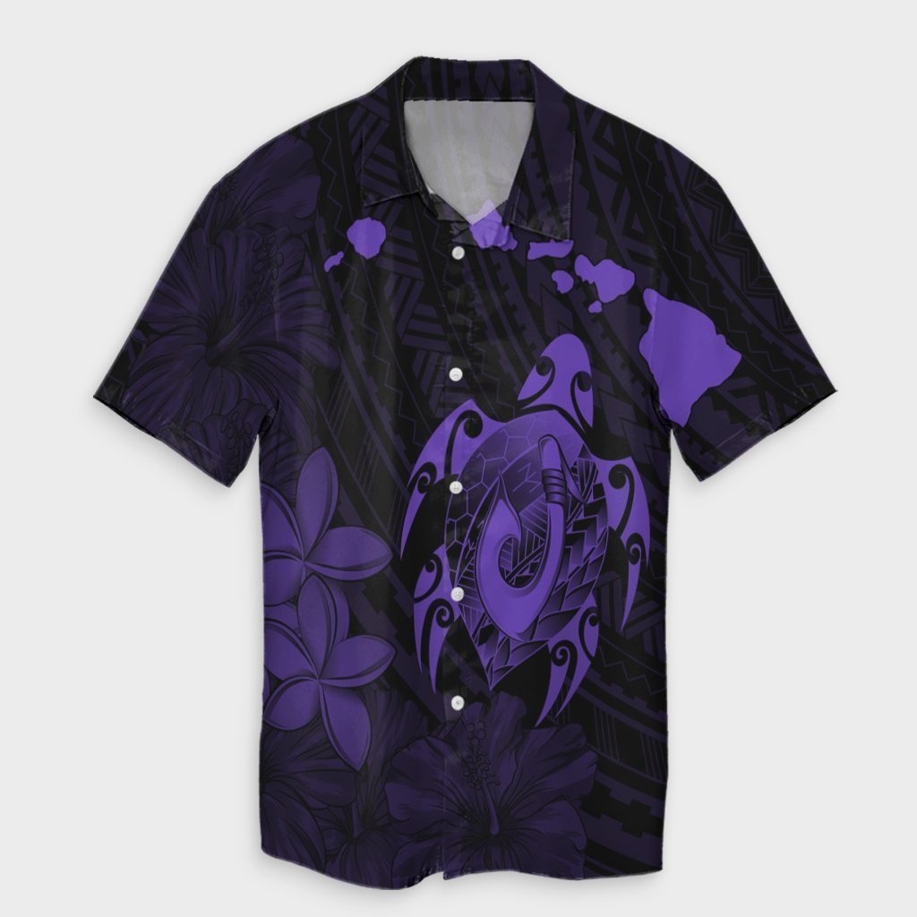 Hawaiian Map Turtle Plumeria Hibiscus Fish Hook Polynesian Hawaiian Shirt Purple - AH