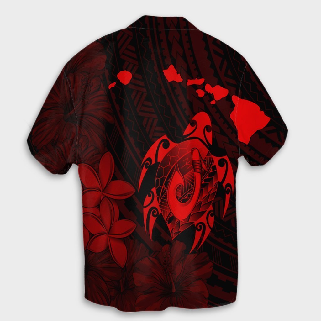 Hawaiian Map Turtle Plumeria Hibiscus Fish Hook Polynesian Hawaiian Shirt Red - AH