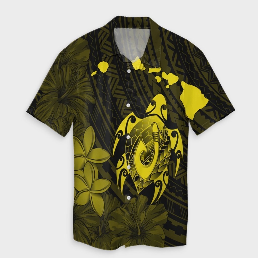 Hawaiian Map Turtle Plumeria Hibiscus Fish Hook Polynesian Hawaiian Shirt Yellow - AH