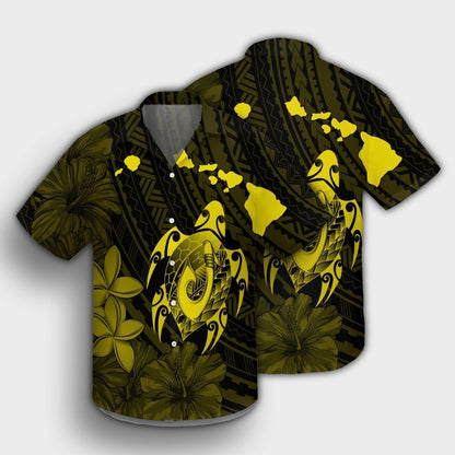 Hawaiian Map Turtle Plumeria Hibiscus Fish Hook Polynesian Hawaiian Shirt Yellow - AH