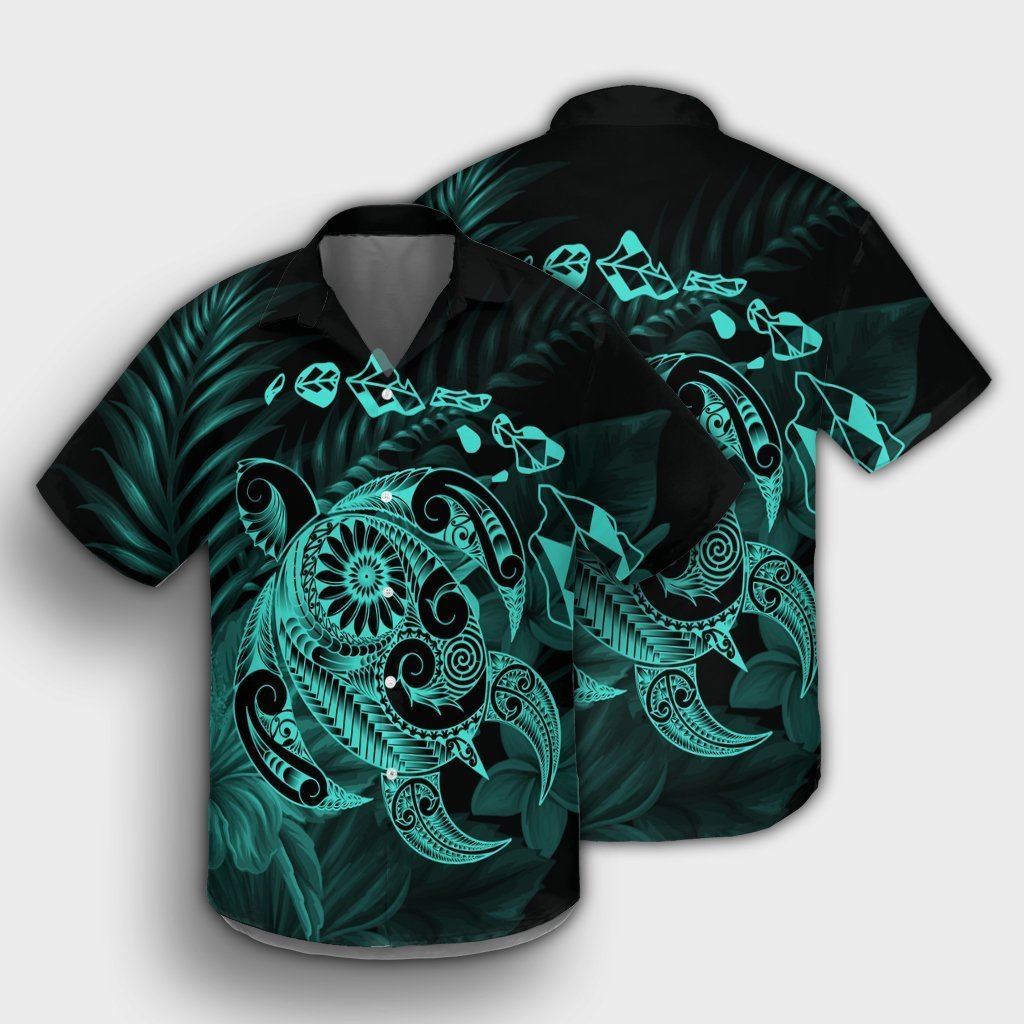 Hawaiian Map Turtle Tattoo Hibiscus Plumeria Polynesian Hawaiian Shirt - Turquoise - AH