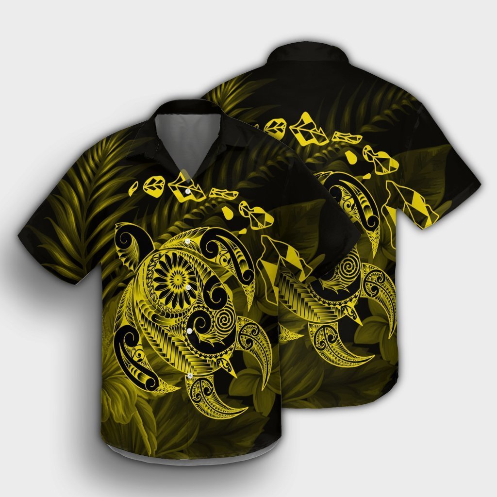 Hawaiian Map Turtle Tattoo Hibiscus Plumeria Polynesian Hawaiian Shirt - Yellow - AH