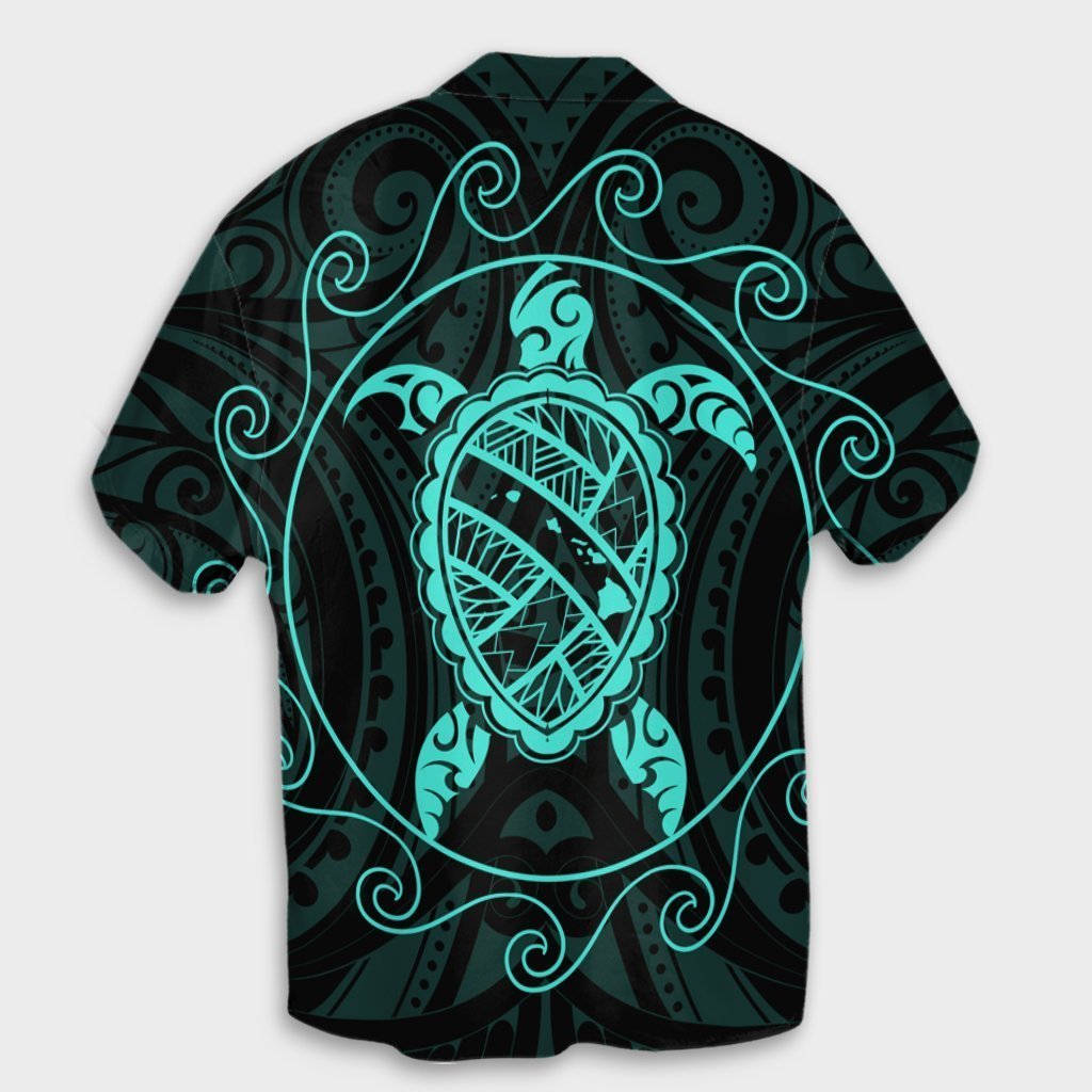 Hawaiian Map Turtle Wave Polynesian Hawaiian Shirt Turquoise - AH