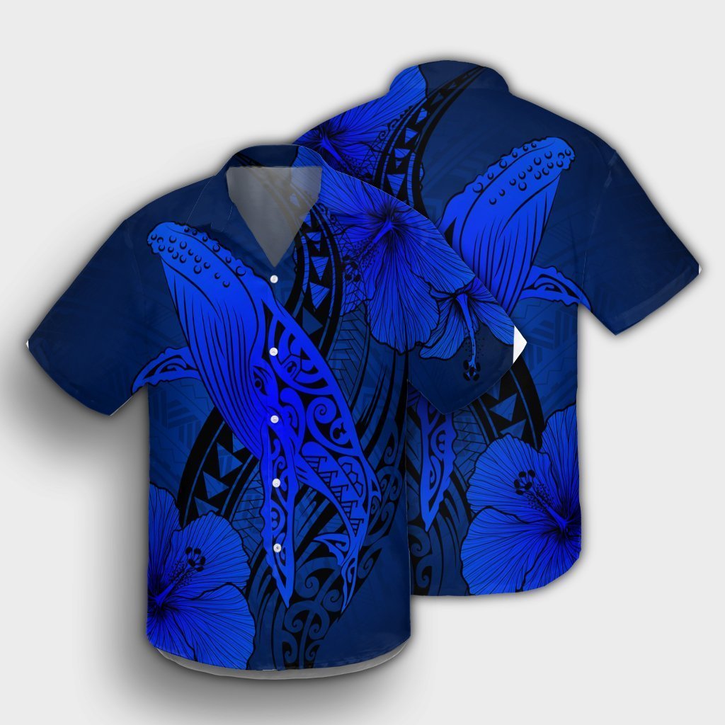 Hawaiian Map Whale Swim Hibiscus Polynesian Hawaiian Shirt - Blue - AH