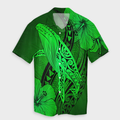 Hawaiian Map Whale Swim Hibiscus Polynesian Hawaiian Shirt - Green - AH