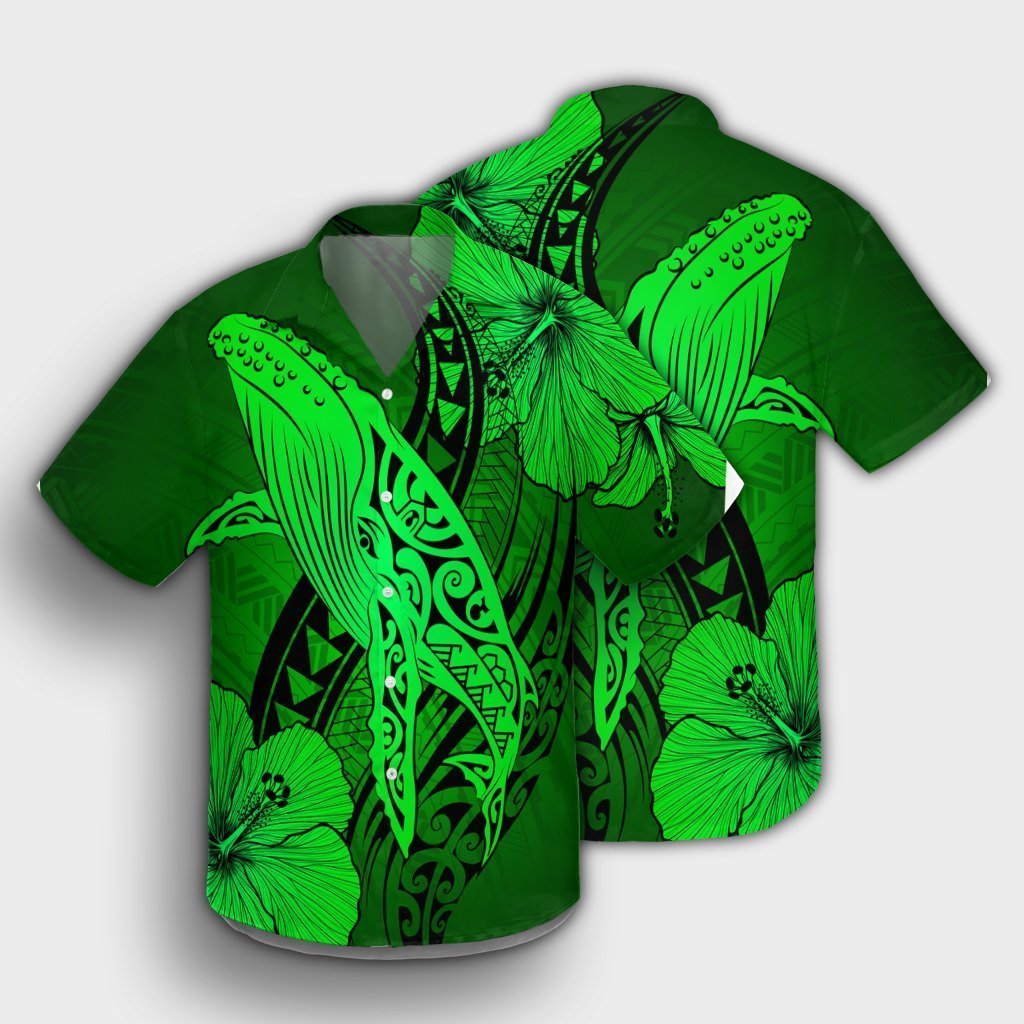 Hawaiian Map Whale Swim Hibiscus Polynesian Hawaiian Shirt - Green - AH