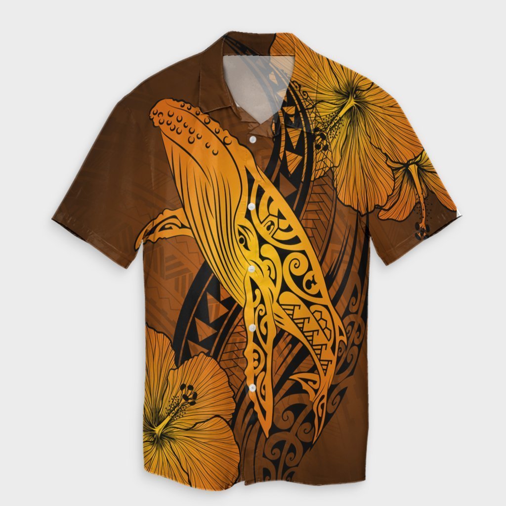 Hawaiian Map Whale Swim Hibiscus Polynesian Hawaiian Shirt - Orange - AH