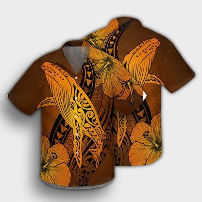 Hawaiian Map Whale Swim Hibiscus Polynesian Hawaiian Shirt - Orange - AH