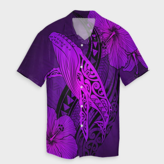 Hawaiian Map Whale Swim Hibiscus Polynesian Hawaiian Shirt - Purple - AH