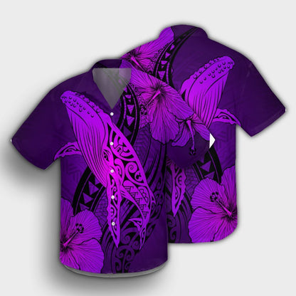 Hawaiian Map Whale Swim Hibiscus Polynesian Hawaiian Shirt - Purple - AH