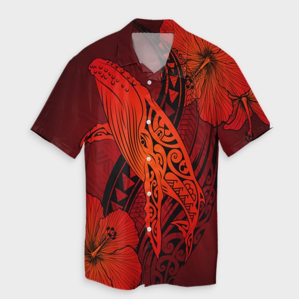 Hawaiian Map Whale Swim Hibiscus Polynesian Hawaiian Shirt - Red - AH