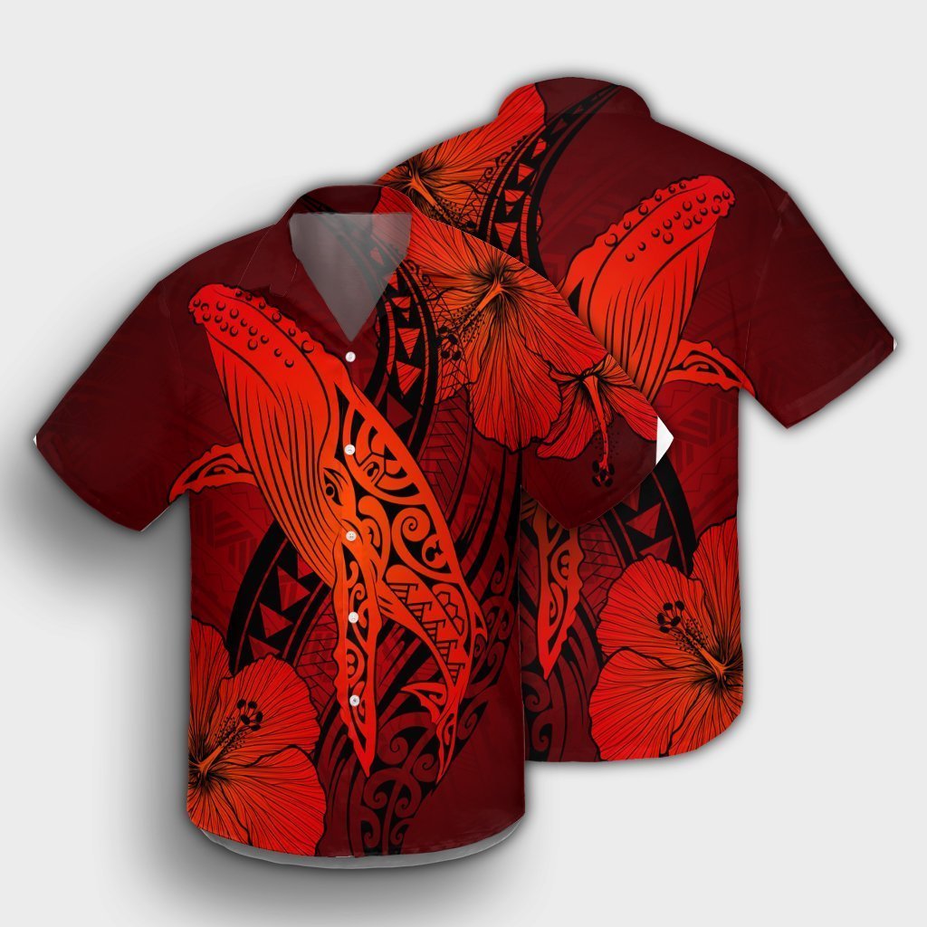 Hawaiian Map Whale Swim Hibiscus Polynesian Hawaiian Shirt - Red - AH