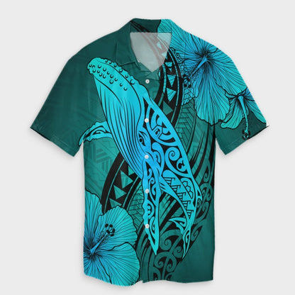 Hawaiian Map Whale Swim Hibiscus Polynesian Hawaiian Shirt - Turquoise - AH