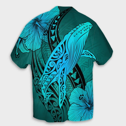 Hawaiian Map Whale Swim Hibiscus Polynesian Hawaiian Shirt - Turquoise - AH