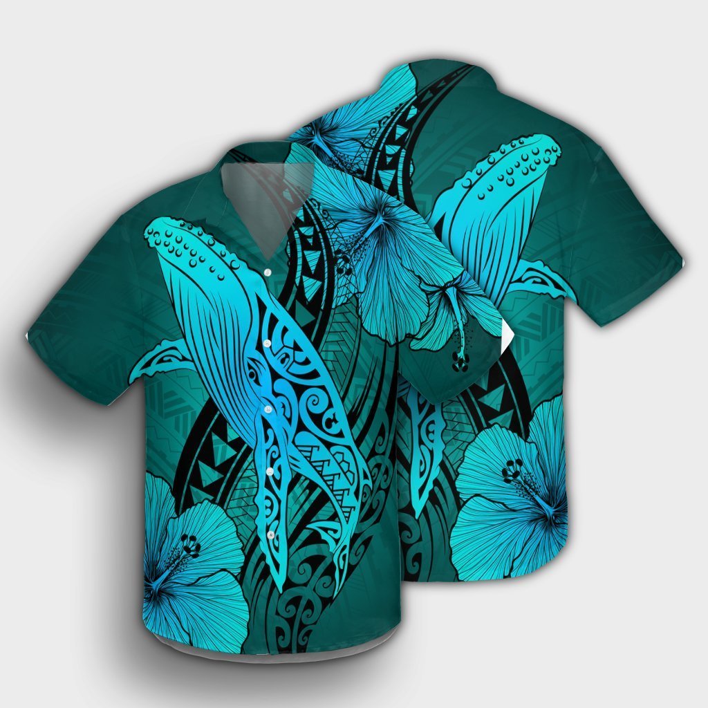 Hawaiian Map Whale Swim Hibiscus Polynesian Hawaiian Shirt - Turquoise - AH