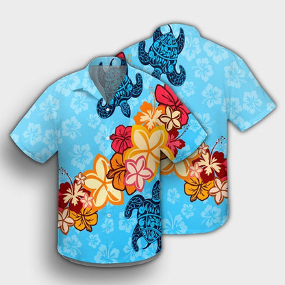 Hawaiian Ocean Turtle Plumeria And Hibiscus Polynesian Hawaiian Shirt - AH