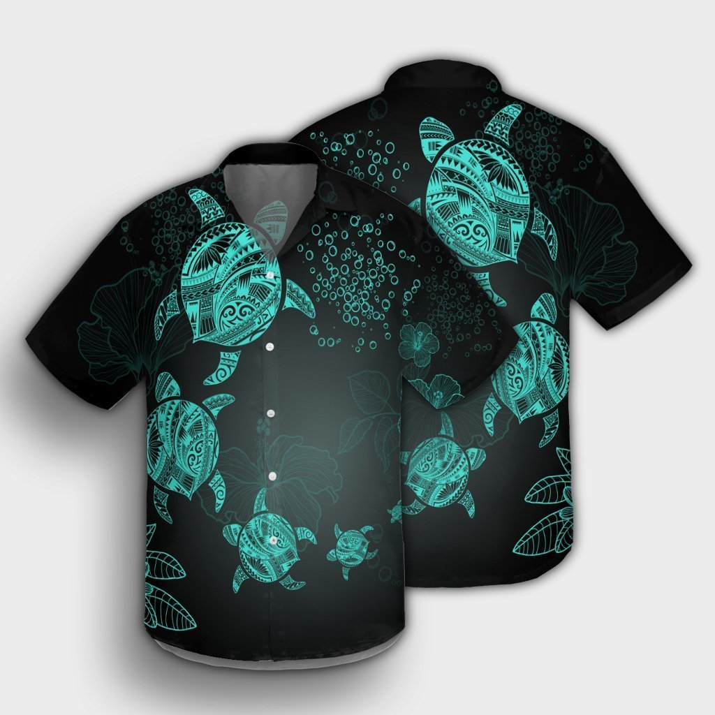 Hawaiian Plumeria Hibiscus Turtle Under Sea Polynesian Hawaiian Shirt Blue AH