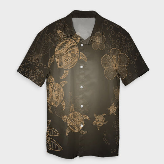 Hawaiian Plumeria Hibiscus Turtle Under Sea Polynesian Hawaiian Shirt Gold AH