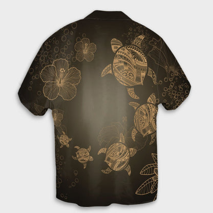 Hawaiian Plumeria Hibiscus Turtle Under Sea Polynesian Hawaiian Shirt Gold AH