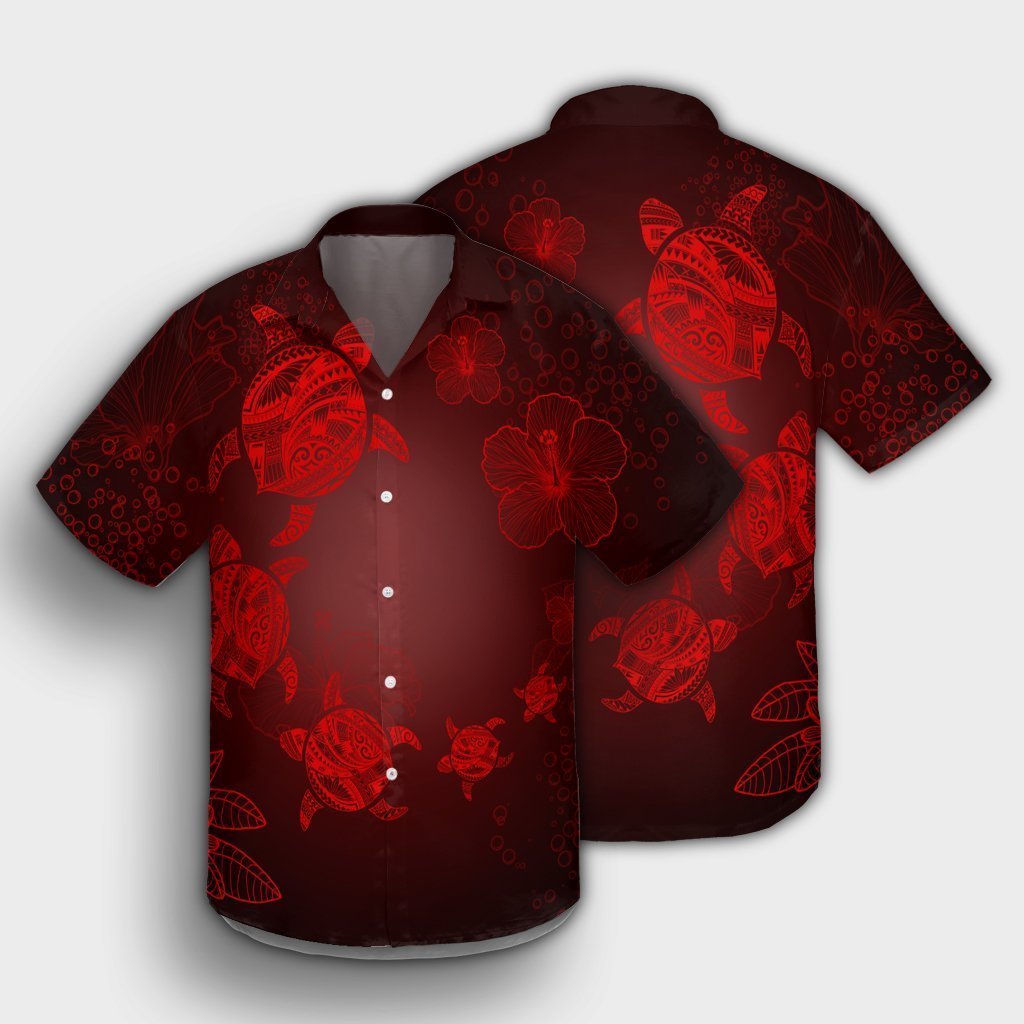 Hawaiian Plumeria Hibiscus Turtle Under Sea Polynesian Hawaiian Shirt Red AH