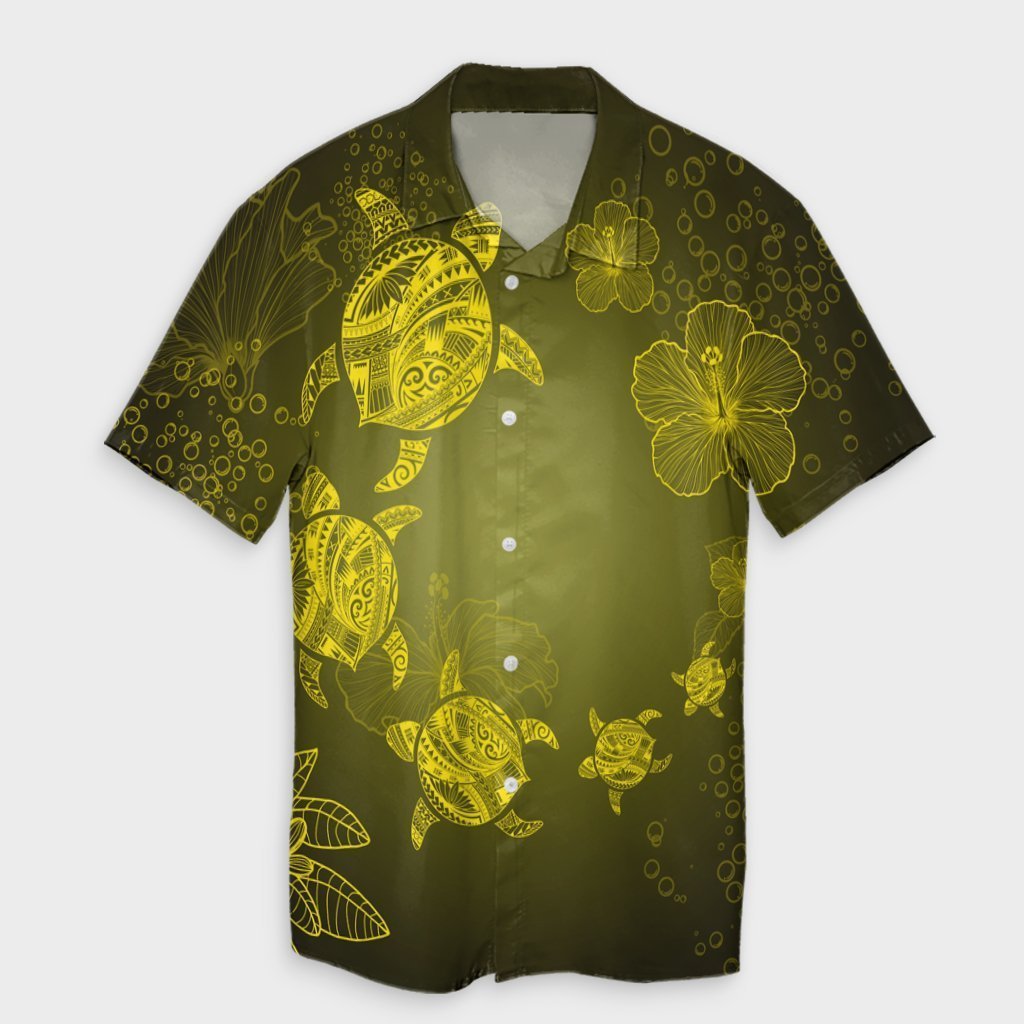 Hawaiian Plumeria Hibiscus Turtle Under Sea Polynesian Hawaiian Shirt Yellow AH