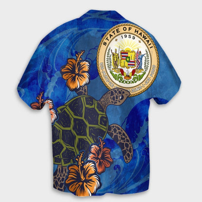 Hawaiian Seal Of Hawaii Hibiscus Ocean Turtle Polynesian Hawaiian Shirt - AH