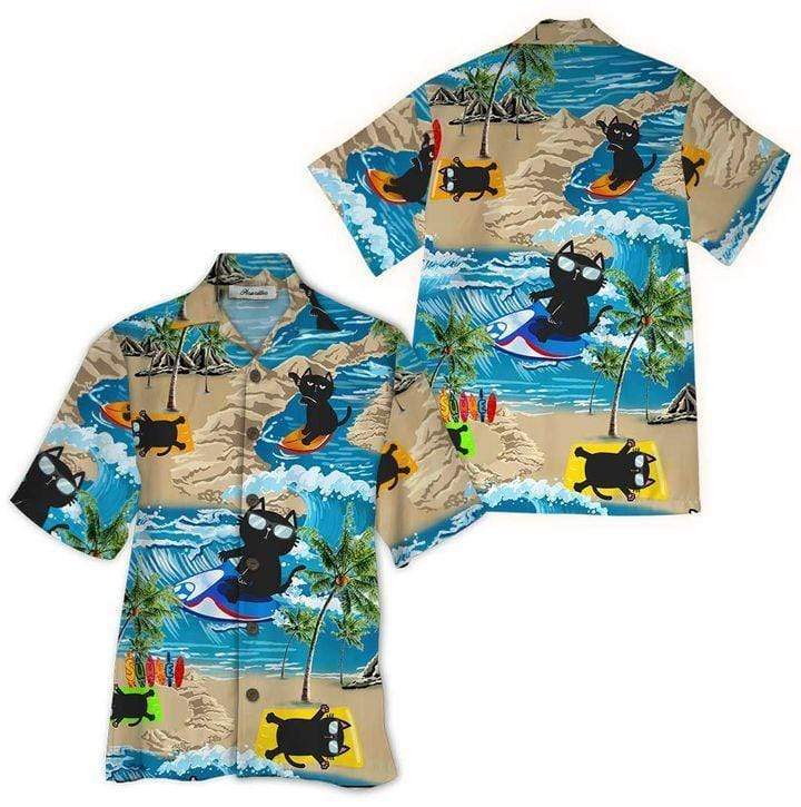 Black Cat Surfing On Island Hawaiian Aloha Shirts #Dh