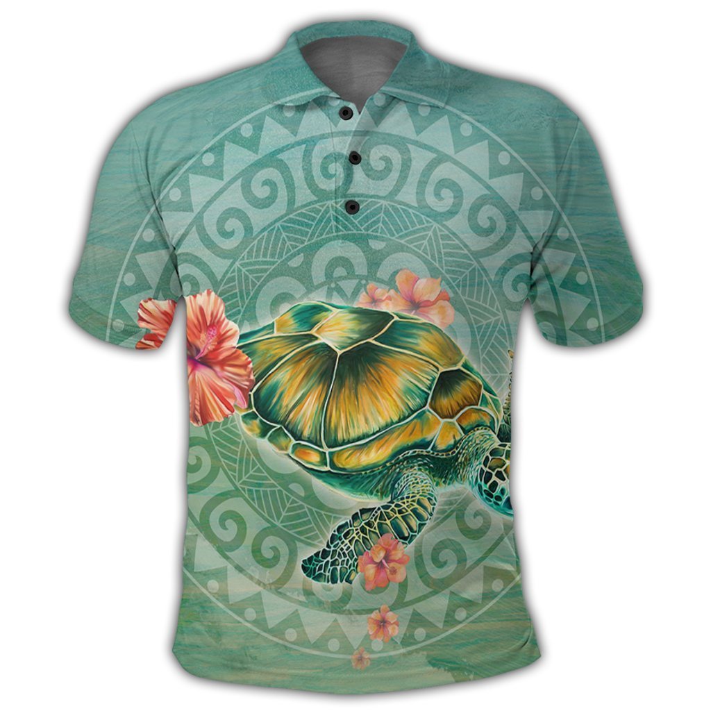 Hawaiian Turtle And Hibiscus Polynesian Polo Shirt - AH